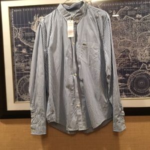 NWT Lacoste Blue and White Striped Button Down